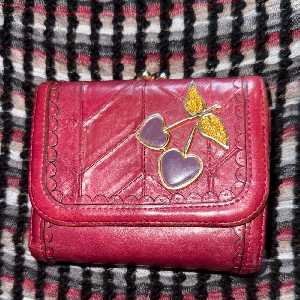 ♥️Great USED Condition Anna Sui Cherry Heart Embellished Red Leather Wallet